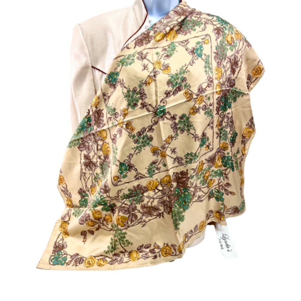 Vintage Unused Liberty  Silk Satin  Scarf 34"i light gold beige blue floral (99) - Picture 3 of 7